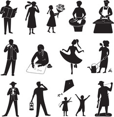 Silhouettes of People Engaged in Various Activities on White Background