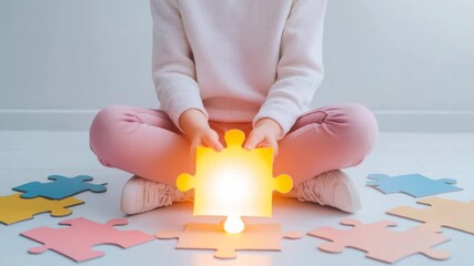 Child sitting crisscross applesauce on floor, holding a brightly glowing puzzle piece with other pieces around - Powered by Adobe