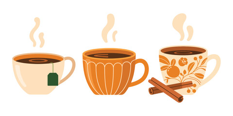 Autumn beverage mugs with steaming drinks and soft warm colors created for fall illustration projects, cozy lifestyle themes, and seasonal decorative design work