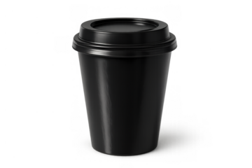 Black coffee cup mock-up with plastic lid on transparent background, perfect for branding designs and takeout concepts