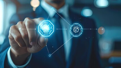 Businessman in Dark Blue Suit Touching Glowing Holographic Interface with Cybernetic and Network Icons Against Blurred Background in Business Setting - Powered by Adobe