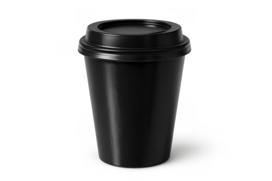 Black coffee cup mock-up with plastic lid on transparent background, perfect for branding designs and takeout concepts