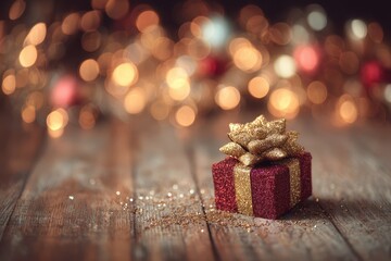 Small red gift box with a golden glitter bow rests on a wooden floor, illuminated by soft, warm lights, surrounded by a bokeh of festive colors