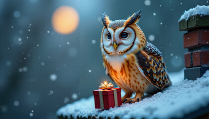 Owl sitting on snowy rooftop with Christmas gift at night  