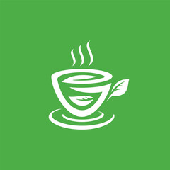 vector illustration of a stylized teacup with a natural leaf design, emitting gentle steam on a vibrant green background, perfect for organic beverage branding