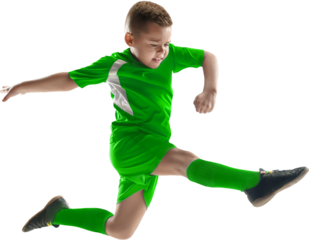 Young soccer player performing powerful high jump kick on transparent background. Concept of youth football training, action highlights, athletic movement, and sports marketing assets.