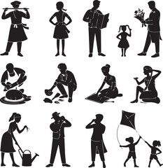 Silhouettes of people performing various activities in black and white