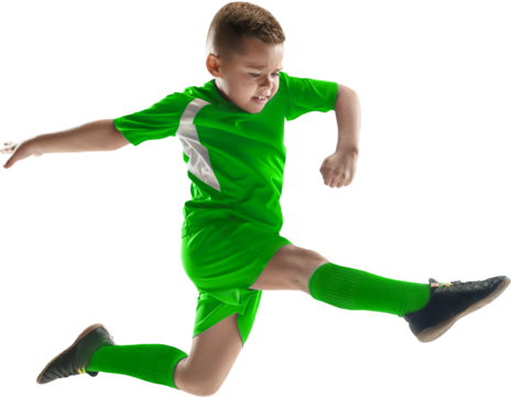 Young soccer player performing powerful high jump kick on transparent background. Concept of youth football training, action highlights, athletic movement, and sports marketing assets.