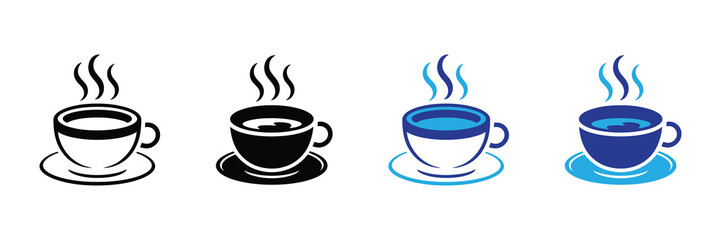 Collection of four steaming coffee cup icons in black and blue, representing hot beverage in different styles and colors on white background