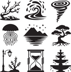 Stylized Black and White Nature and Object Icon Vector Set