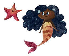 Joyful watercolor African American mermaid with lush curly hair adorned with flowers, beaming beside her cheerful pink starfish pal. Perfect for nursery prints, kids tees, stickers, ocean-themed decor
