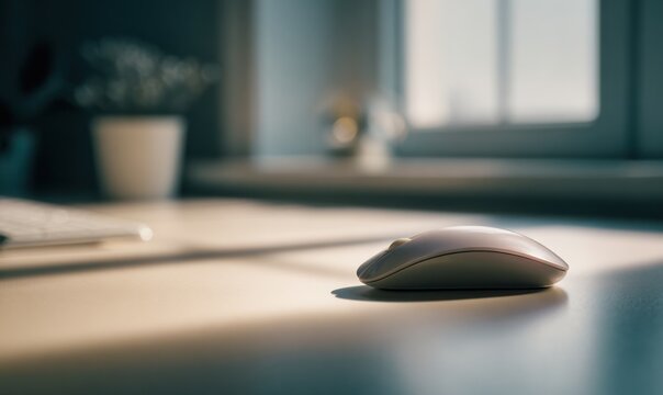 A wireless mouse on a clean desk near a window with soft natural light.