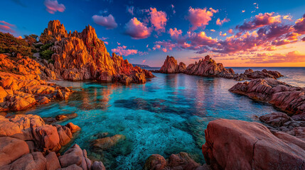 Dramatic red rock coastline with crystal clear turquoise water under vibrant sunset skies