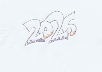 Hand-drawn sketch of the number 2026 using a graffiti style and incorporating a colored cityscape design.