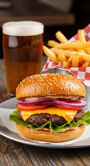 A juicy burger with melted cheese, fresh toppings, and a side of fries and beer.