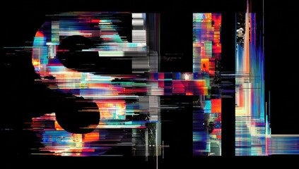 Abstract digital art featuring the letters SHL in a corrupted, glitch-like style against a black background