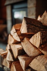 Aesthetic Stack of Cut Firewood Logs, Warm and Rustic Winter Atmosphere