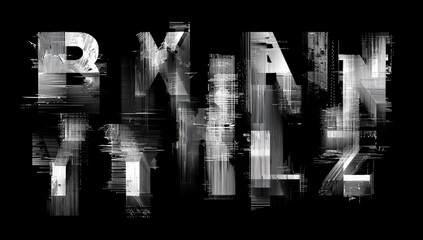 Abstract digital artwork featuring distorted typography of multiple vertical gray letterforms