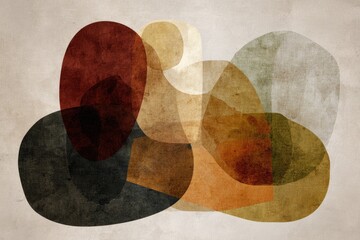 Abstract, overlapping geometric shapes in warm, earthy tones on a textured, beige background