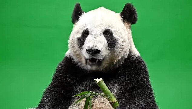Watch the adorable panda munching bamboo shoots in a vibrant green setting, perfect for wildlife documentaries and educational content about endangered species