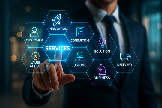 Business Professional Touching Hexagonal Digital Service Icons – Conceptual Background for Innovation, Consulting, and Customer-Centric Business Solutions - Powered by Adobe