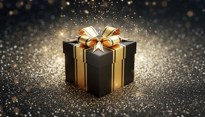 Elegant black gift box with golden ribbon sparkles on glittery surface, conveying a sense of luxury and celebration for special occasions.