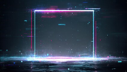 Neon-lit square frame amidst digital data flow and particles against a dark, reflective surface