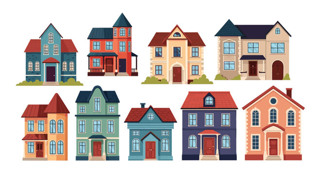 Diverse set of colorful cartoon houses in various flat design styles representing a suburban neighborhood for real estate concepts.