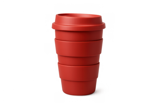 Stackable red reusable travel coffee cup on transparent background, promoting eco-friendly takeaway drink solutions