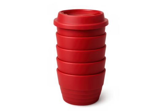 Many red coffee cups stacking together, featuring a lid at the top. This image highlights reuse and eco-friendly concepts
