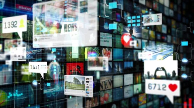 Complex futuristic interface filled with floating UI panels, social counters and media tiles, set within a digital grid environment that conveys modern connectivity, data streams and fast-paced inform - Powered by Adobe