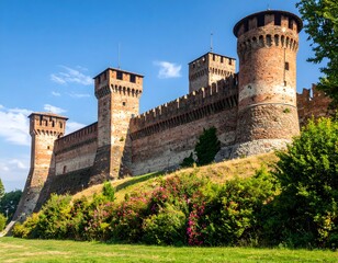 Historic Walls and Towers of a Medieval Castle Under a Clear Blue Sky.