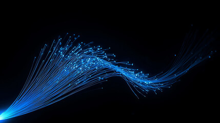 Abstract blue fiber optics on black background for high speed data communication network