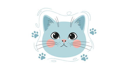 Obraz premium Adorable light blue kitten face with rosy cheeks and paw prints around it in a charming hand-drawn doodle vector illustration.