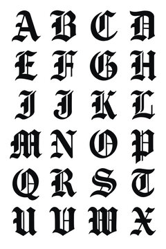 A complete set of the English alphabet from A to X in a classic blackletter Gothic script, featuring ornate capital letters ideal for typography and vintage design