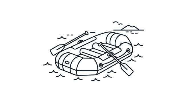 A simple line art illustration of an inflatable raft boat with oars on the water for a river rafting or water adventure concept.