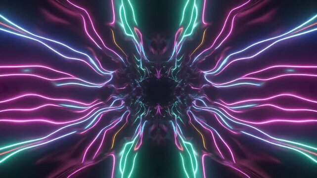 Flying through a vibrant neon tunnel of glowing wavy lines in a high-speed futuristic digital abstract background.