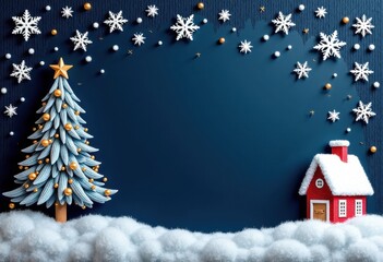Blue Christmas or New Year background with cute knitted house, Christmas tree and snow, trendy poster or greeting card template with space for text