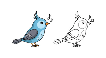 Fototapeta premium Adorable little blue cartoon bird singing a happy song with musical notes in both a colored version and a line art outline.