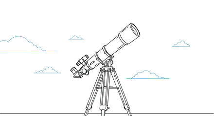 Minimalist line art drawing of a powerful astronomical telescope on a tripod pointing towards a sky with simple cartoon clouds.