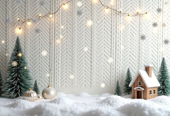 White Christmas or New Year knitted texture background with cute knitted house, Christmas tree and snow, trendy poster or greeting card template with space for text