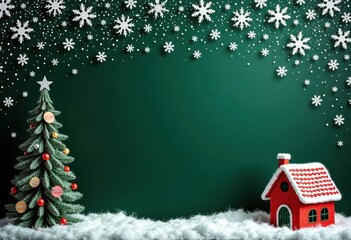 Green Christmas or New Year background with cute knitted house, Christmas tree and snow, trendy poster or greeting card template with space for text
