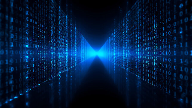 Abstract Digital Binary Code Background with Glowing Blue Light and Data Stream Visualisation