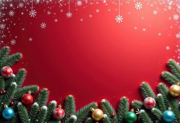 Merry Christmas and Happy New Year red background decorated with fir branches, color Christmas balls and snow; card template with space for text