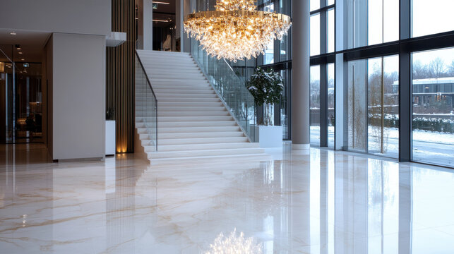 A luxurious entrance hall features a grand staircase and an extravagant chandelier, creating an inviting, upscale atmosphere perfect for events and gatherings.
