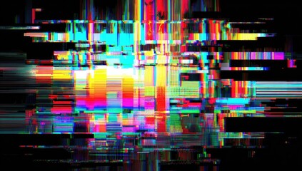 Abstract digital artwork showing vibrant glitch effects with colorful horizontal and vertical lines