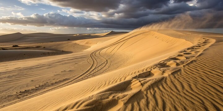 sweeping desert landscape features sand dunes under dramatic cloudy sky highlighting textures and patterns of arid environment with tire tracks and footprints