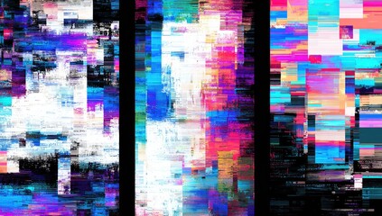 Three vertical panels with vibrant, distorted color blocks, digital art aesthetic