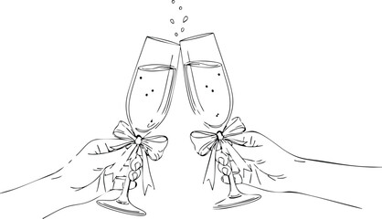 Elegant champagne celebration with hand drawn illustration of two toasting glasses with bubbles