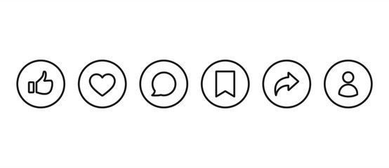 Simple collection of Thumbs Up, Like, Love, Comment, Save, Share, and Follow in line icon style. Vector illustration of notification buttons for social media in transparent background. Editable stroke